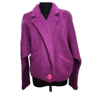 Vtg 80s Mohair Wool Blend Cardigan Purple Chunky Knit Button Sz S